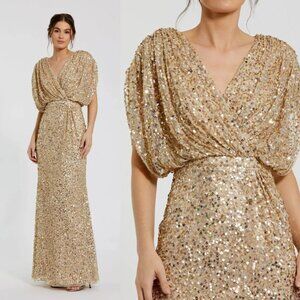 Mac Duggal 5640 Size 12 Gold Sequin Draped Sleeve V-Neck Long Gown Maxi Dress